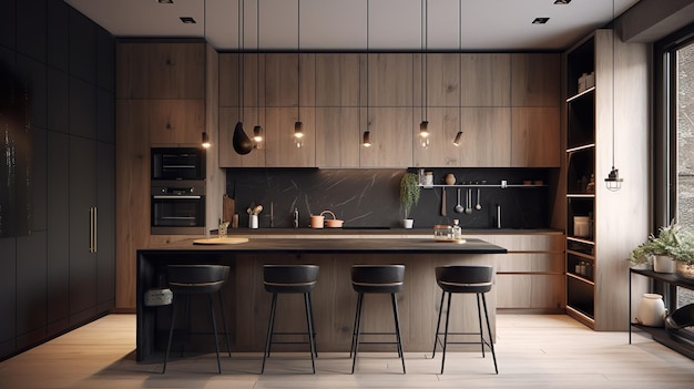 Cozinha design de interiores moderno loft com móveis de madeira e preto, mesa de jantar e cadeiras, luminárias, utensílios espaço doméstico contemporâneo com fundo de ilustração de móveis ia generativa