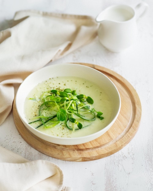 Cozinha do norte Sopa de purê de vegetais Sopa creme verde com microgeração comida nórdica