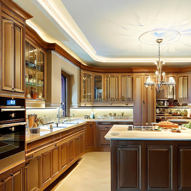 Cozinha doméstica luxuosa com design elegante em madeira