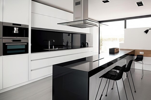 Cozinha doméstica minimalista com acabamentos elegantes em preto e branco e aparelhos modernos