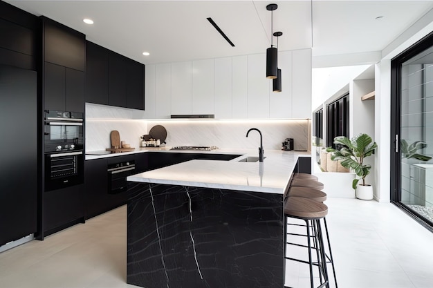 Cozinha doméstica minimalista com acabamentos elegantes em preto e branco e aparelhos modernos