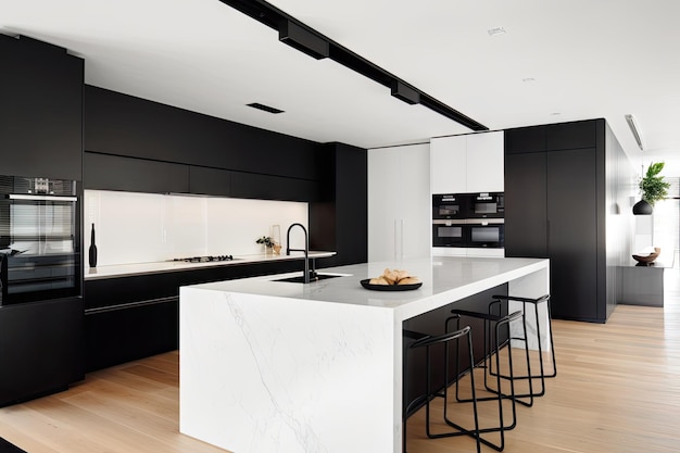 Cozinha doméstica minimalista com acabamentos elegantes em preto e branco e aparelhos modernos