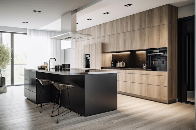Cozinha doméstica minimalista com aparelhos modernos de design elegante e linhas limpas criadas com IA generativa