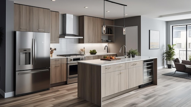 Cozinha elegante e moderna com grande ilha de cozinha gerada por IA
