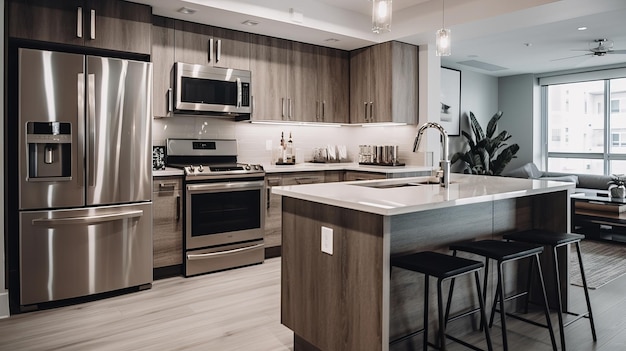 Cozinha elegante e moderna com grande ilha de cozinha gerada por IA