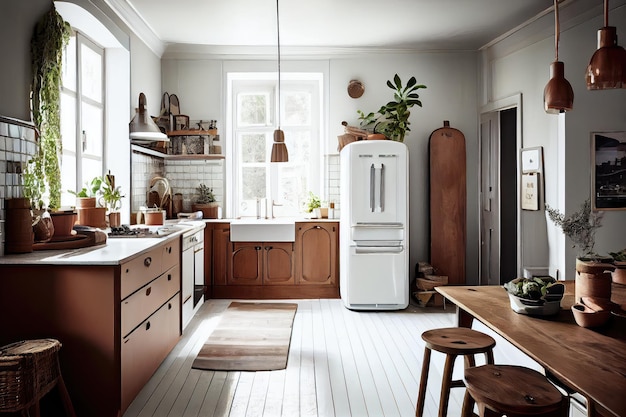 Cozinha escandinava boho com bancadas elegantes, armários de madeira natural e eletrodomésticos vintage criados