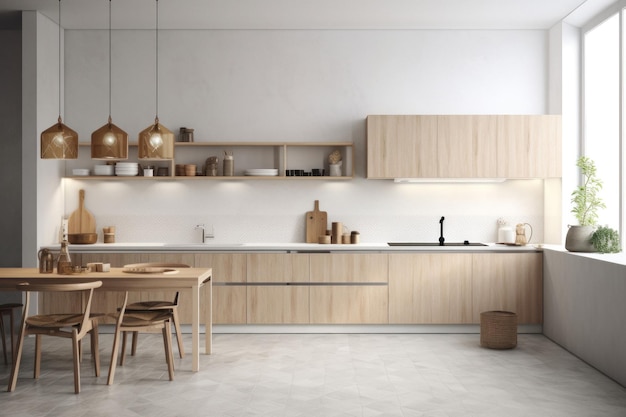 Cozinha escandinava moderna com parede vazia
