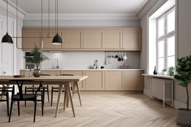 Cozinha escandinava moderna com parede vazia