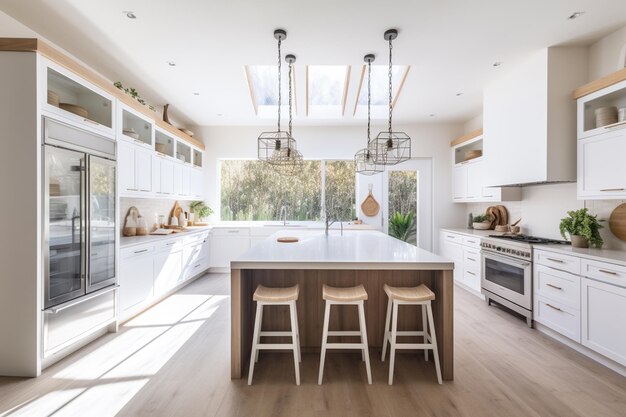 Cozinha espaçosa e moderna em estilo de fazenda criada com IA generativa