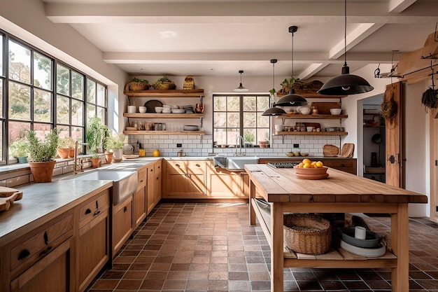 cozinha espaçosa e moderna em estilo de fazenda