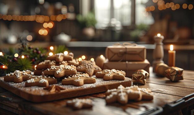 Foto cozinha festiva quente com biscoitos de pão de gengibre e decoração de natal gerar ia