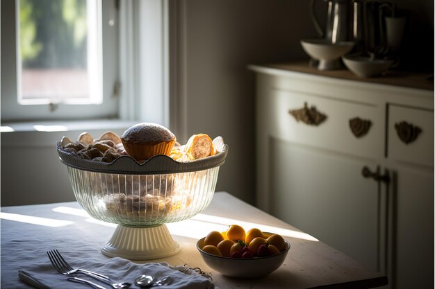 Cozinha francesa atmosférica com interior encantador e aconchegante à luz da manhã, intimista nostálgico elegante parisiense Generative AI