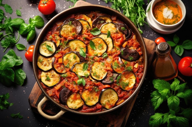 Cozinha francesa Ratatouille ensopado de legumes de berinjela fatiada abobrinha cebola batata e tomate