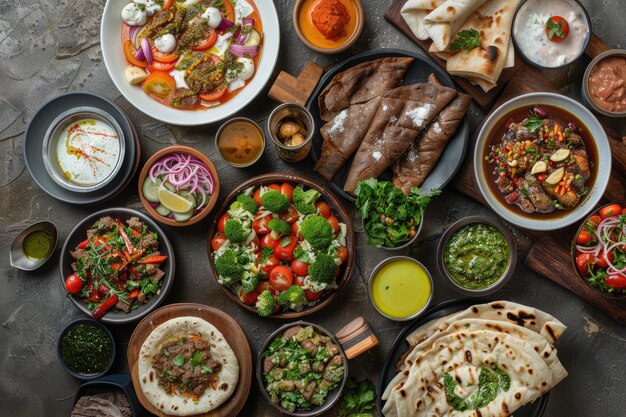 Foto cozinha halal do oriente médio com vegetais mezze e vista