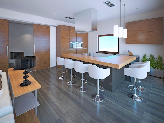 Cozinha leve em forma de L com conjunto de móveis zebrano marrom para cozinha moderna.