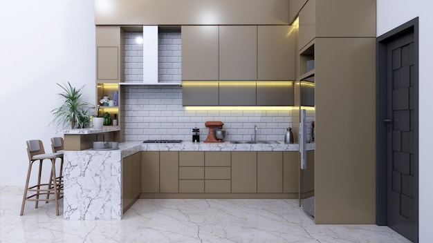 Cozinha limpa com interiores de cozinha escandinavos modernos e elegantes e acessórios de cozinha