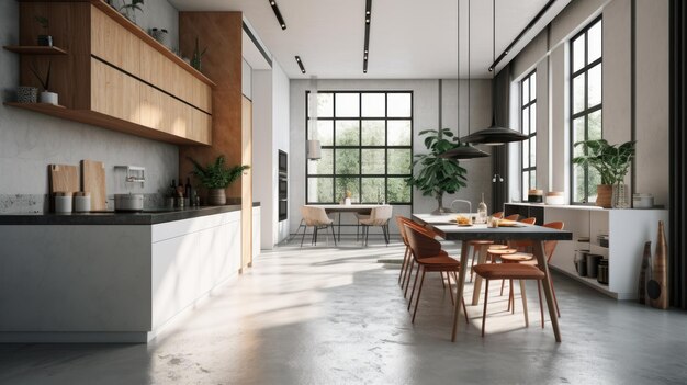 Cozinha loft espaçosa e moderna com área de jantar paredes de concreto interiores minimalistas e pisos de madeira