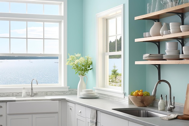 Cozinha mediterrânea com paredes azuis evocando uma sensação de tranquilidade com grande janela com vista para o mar