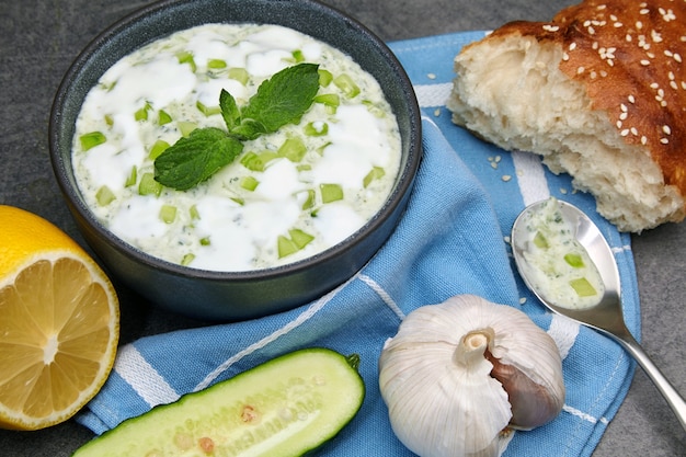 Cozinha mediterrânea. Molho tzatziki feito de pepino fresco, hortelã e iogurte com limão e alho em uma tigela escura sobre uma mesa de concreto