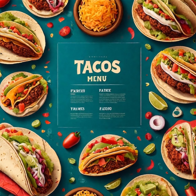 Cozinha mexicana Alimentos e bebidas modelo de design de menu Alimentos mexicanos quadro de vista superior Um conjunto de pratos clássicos mexicanos com tacos fajita poblano Ilustração vetorial de esboço desenhada à mão vintage