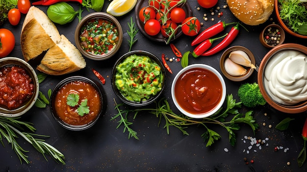Foto cozinha mexicana espalhada com ingredientes frescos e cores vibrantes inclui salsa de guacamole e outros molhos ideal para blog de comida ou site culinário ai