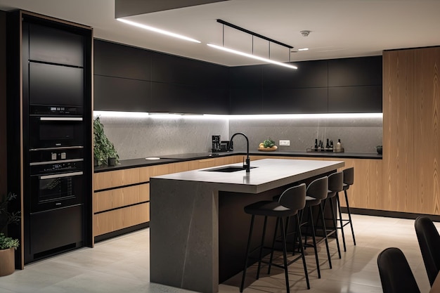 Cozinha minimalista com aparelhos elegantes e acessórios modernos