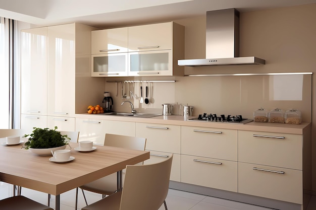 Cozinha minimalista moderna em bege Cozinha espaçosa e brilhante em um apartamento ou casa Casa aconchegante