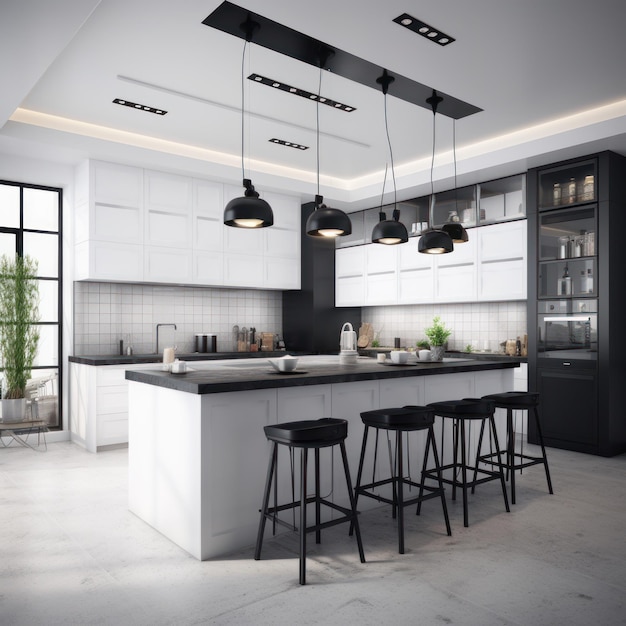 Cozinha minimalista moderna em preto e branco com elementos de estilo loft, balcão de iluminação espetacular e