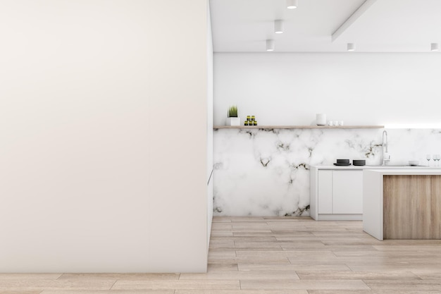 Cozinha mobiliada moderna e aconchegante com uma parede bege vazia em branco piso em parquet de madeira conceito de design de interiores 3d renderização mock up