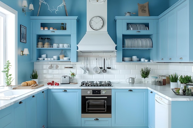 Cozinha moderna azul com azulejos brancos e armários azuis claros para cozinhar