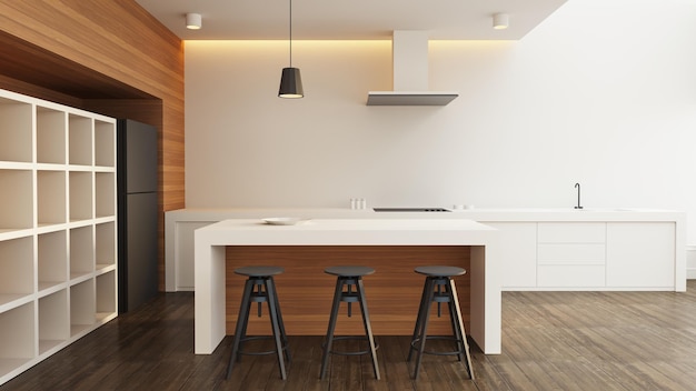 Foto cozinha moderna branca e interior de despensa - renderização em 3d