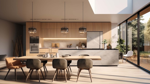 Cozinha moderna branca e marrom com ilha de madeira renderização 3D