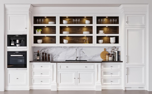 cozinha moderna com armário de madeira branco e mesa 3d render interior