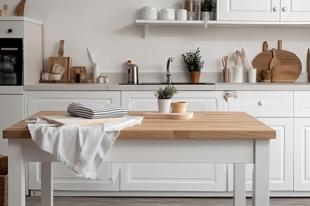 Cozinha moderna com armários brancos elegantes e uma mesa de madeira rústica criada com a tecnologia Generative AI