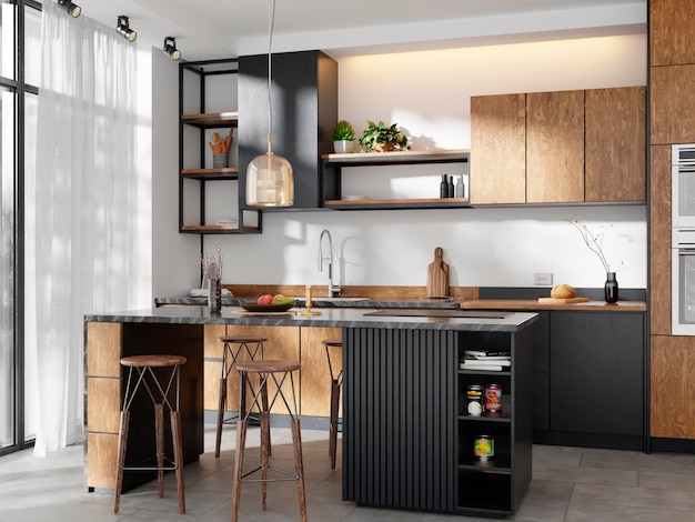 Cozinha moderna com armários de madeira e abajur, design minimalista