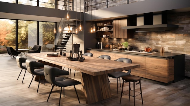 Cozinha moderna com armários de madeira e cadeira