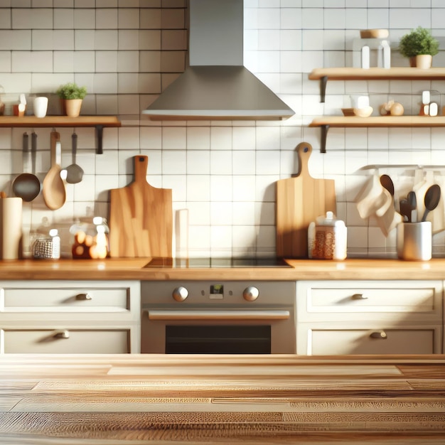Cozinha moderna com bancada de madeira e armários brancos