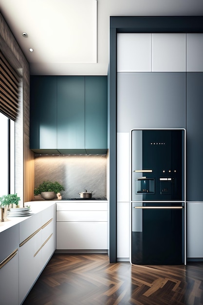 Cozinha moderna com geladeira e utensílios de cozinha