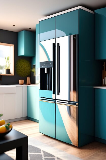 Cozinha moderna com geladeira e utensílios de cozinha