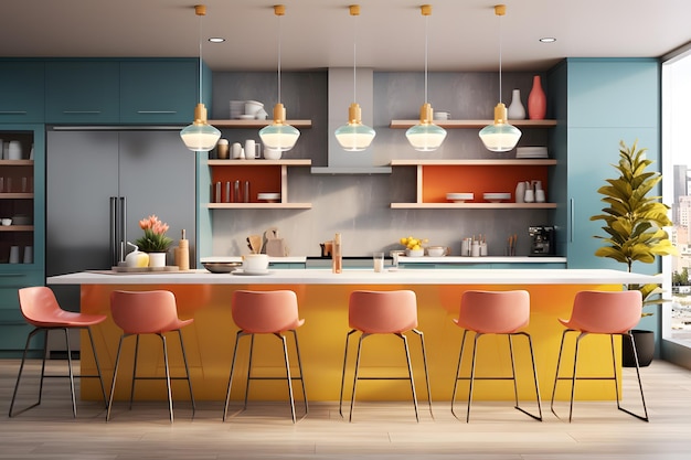 Cozinha moderna com um esquema de cores vibrantes