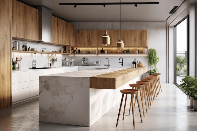 Cozinha moderna com uma elegante bancada de mármore e elegantes bancos de bar Generative AI