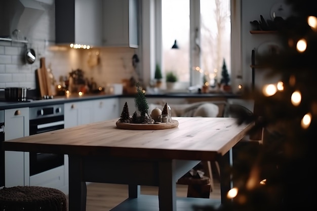 Cozinha moderna decorada com árvore de Natal em casa interior escandinavo como plano de fundo Generative AI