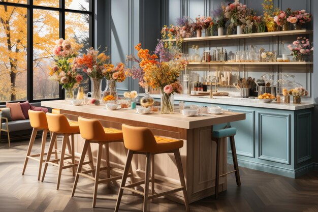 cozinha moderna decorada para o outono tema cor pastel fotografia publicitária profissional