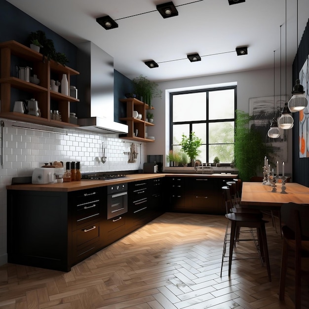 Cozinha moderna e chique com azulejos brancos e luminárias escuras AI