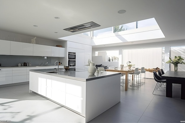 Cozinha moderna e limpa com luz solar natural e design minimalista ilustração AI gerada