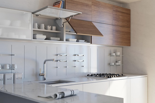 Cozinha moderna e luxuosa com design de interiores em estilo minimalista