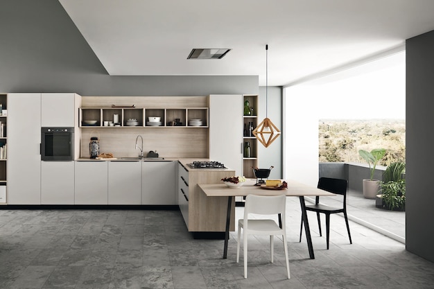 Cozinha moderna e luxuosa com design de interiores em estilo minimalista