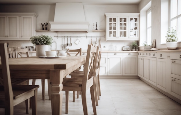 Cozinha moderna e simples com mesa de madeira branca e móveis minimalistas