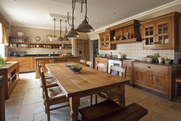 Cozinha moderna em uma casa de campo estilo americano clássico frentes de madeira natural mesa de jantar de madeira e