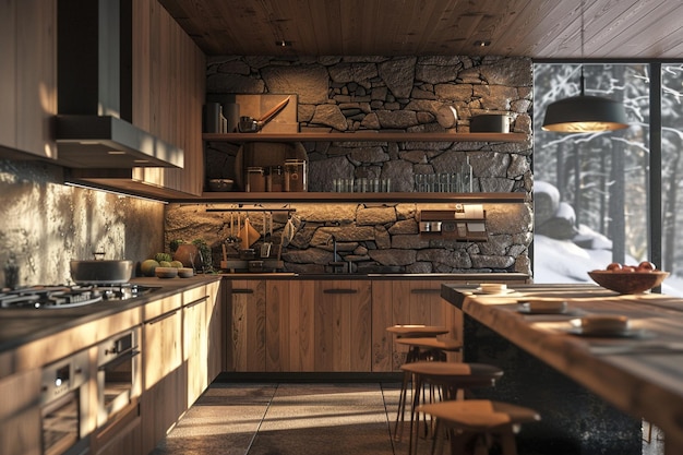 Cozinha moderna inspirada em cabanas com uma mistura de madeira